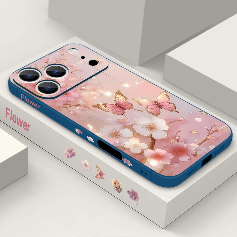 For iPhone 17 Pro Max Case Dream Butterfly Floral Pattern Soft Silicone Lanyard Cover For iPhone 16 Pro Max Cover iPhone 15 14 13 12 11 16E