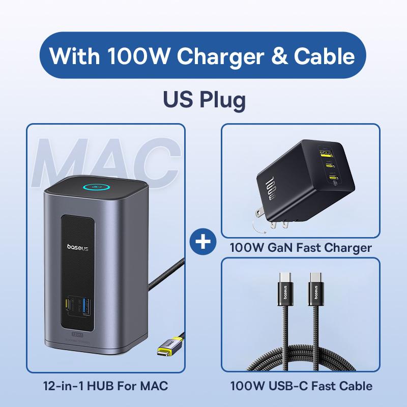 Baseus USB C HUB for Mac 12-in-1 DisplayPort HDMI 4K@60Hz MST Display for macOS Windows Docking Station USB 3.2 RJ45 PD 100W Hub