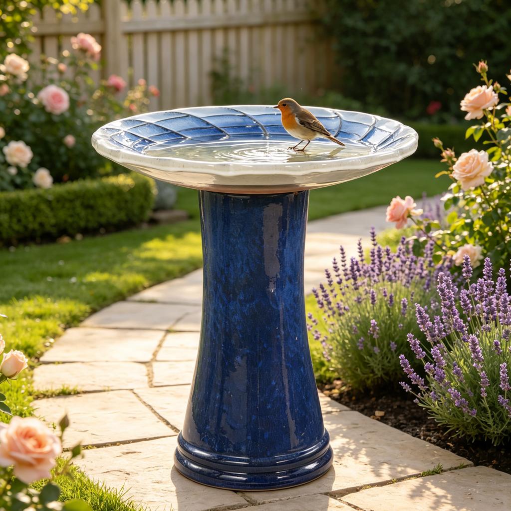 Handmade ceramic birdbath (diameter 43 cm, height 45 cm), royal blue-white gradient glaze, weatherproof & frost-resistant, for garden