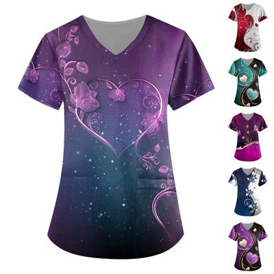 Женская мода, рабочая одежда с v-образным вырезом, короткими рукавами и карманами, топы с принтом, летние топы для женщин