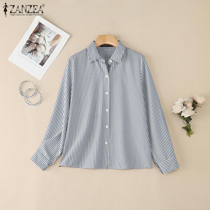 ZANZEA Женская повседневная блузка в полоску с отложным воротником и свободными длинными рукавами