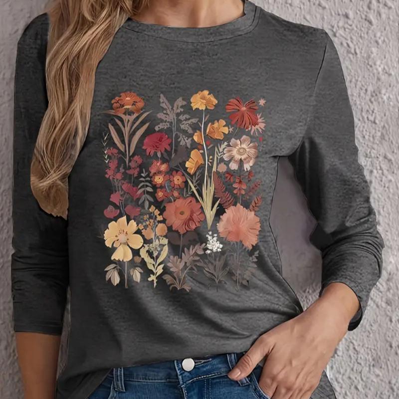 Топы для женщин с 3D-цветочным принтом и круглым вырезом, футболка с длинным рукавом, осенний повседневный тонкий пуловер, женский топ с длинным рукавом