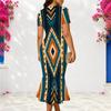 Women Plus Size V Neck Short Sleeve Geometric Printed Fitted Fishtail Dress
