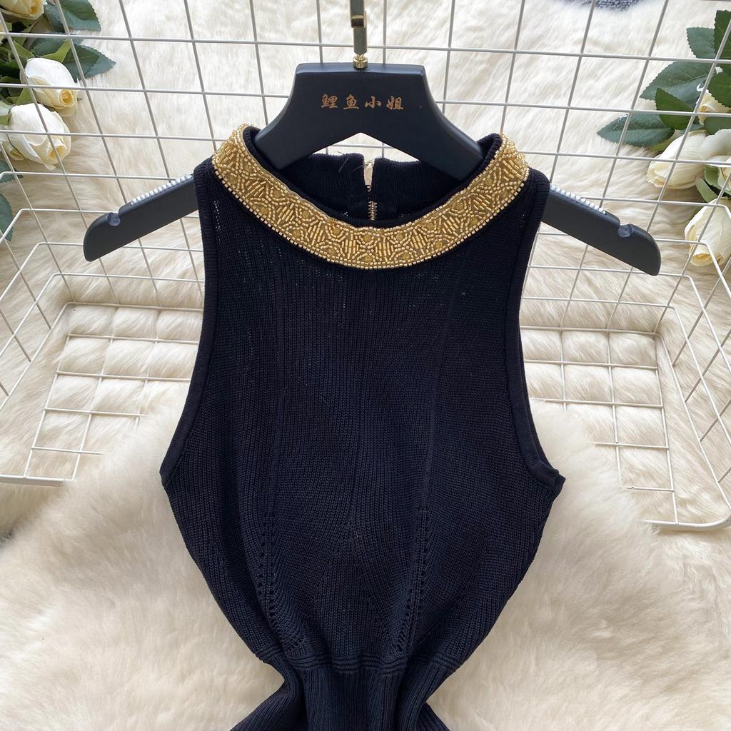 Летние женские бисерные воротник без рукавов вязаный свитер Y2K мини короткие облегающие платья-футляры