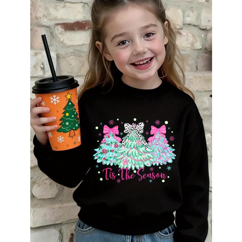 European sizes Black Long Sleeve Sweatshirt for Kids with Colorful Christmas Tree and Tis the Season Print, Holiday Party and Winter Outfit