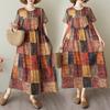 2025 Summer Women Vintage Linen Plus Size Long Printing Dress Short Sleeve Casual O-Neck Basic Fashion Loose Dress