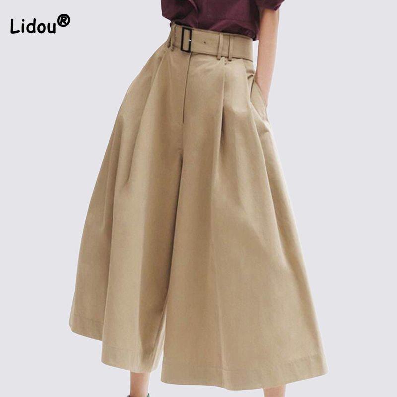 Commute Fashion Women's Solid Color High Waist Capri Pants New Casual Simplicity Belt Spliced Wide Leg Pants Female Clothing