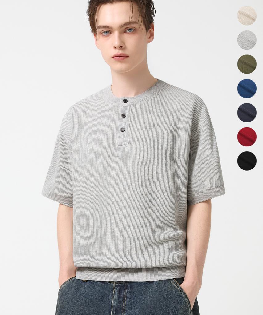 TRILLION Washable Linen Crop Henley Neck Short Sleeve Knit_7Color (C Type)