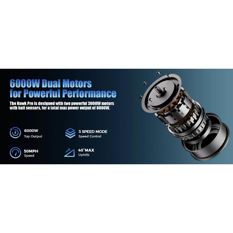 Электрический скутер YUME HAWK Pro, бескамерные дорожные шины 10x4,5 дюйма, двигатель 3000 Вт*2, аккумулятор 60 В 30 Ач, максимальная скорость 50 миль/ч, максимальный запас хода 60 миль