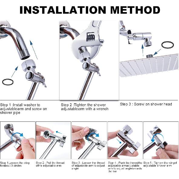 Heavy Duty Adjustable Shower Arm, 11" Brass Extension with Gear Lock Teeth & Swivel Nut, Strong Load Support, No Sagging, Keeps Shower Head Straight,