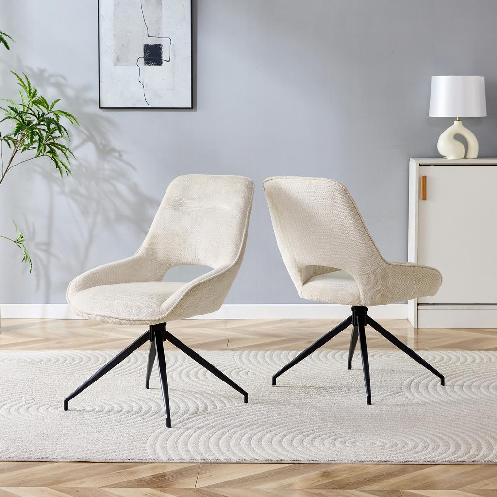 [Set of 2] 360° Swivel Dining Chair with White Fabric Cover: Black Lacquered Metal Frame with Four Legs, Suitable for Modern Dining Areas.