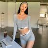 Solid Slim Sport Suits Women Summer Bodycon Long Sleeve Low Neck Sleeve Crop T-shirts Woman High Waist Sexy Hot Girls Shorts 2 Piece Sets Ladies