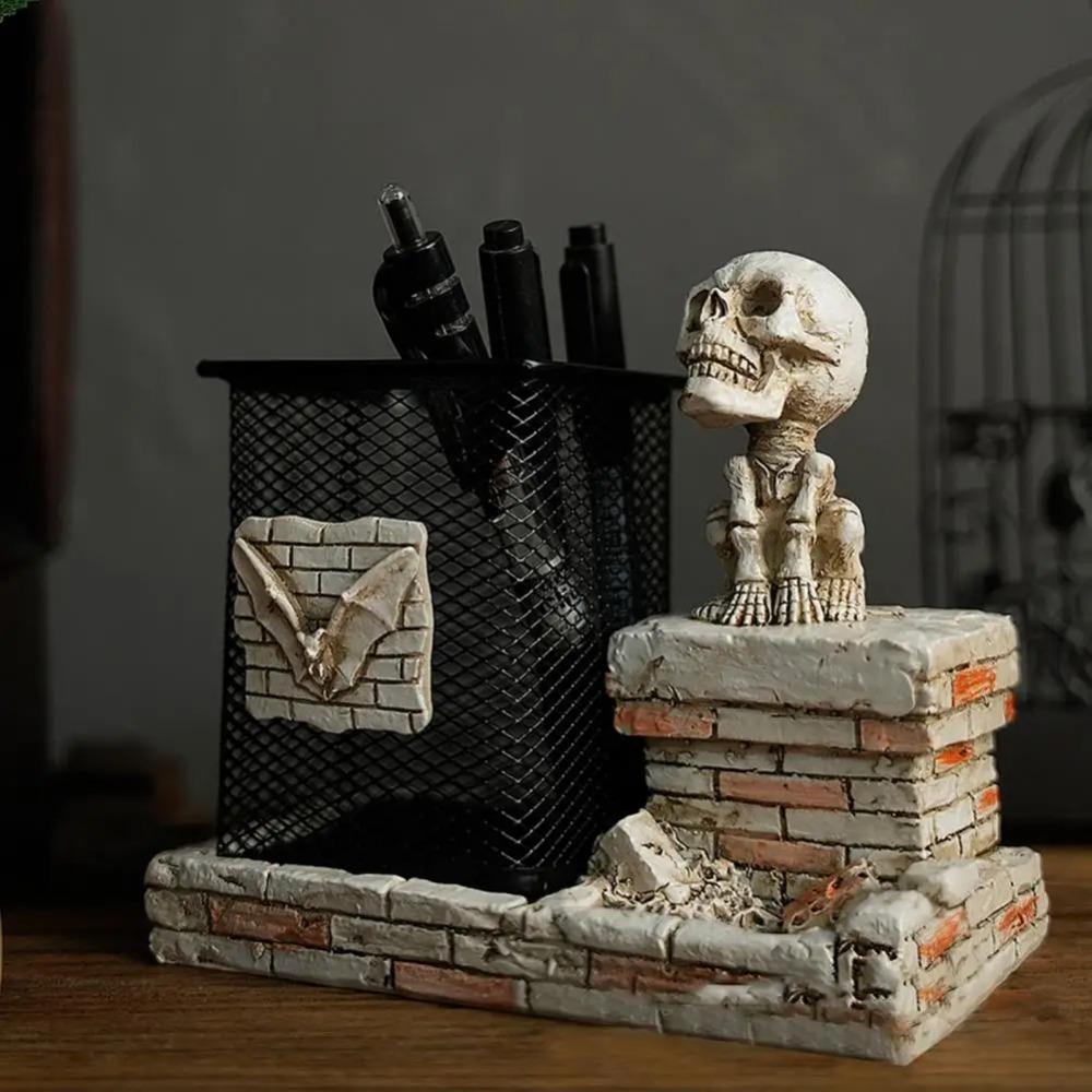 Resin Crafts Halloween Skull Pen Holder Scary Skeleton Statue Ornament Haunted House