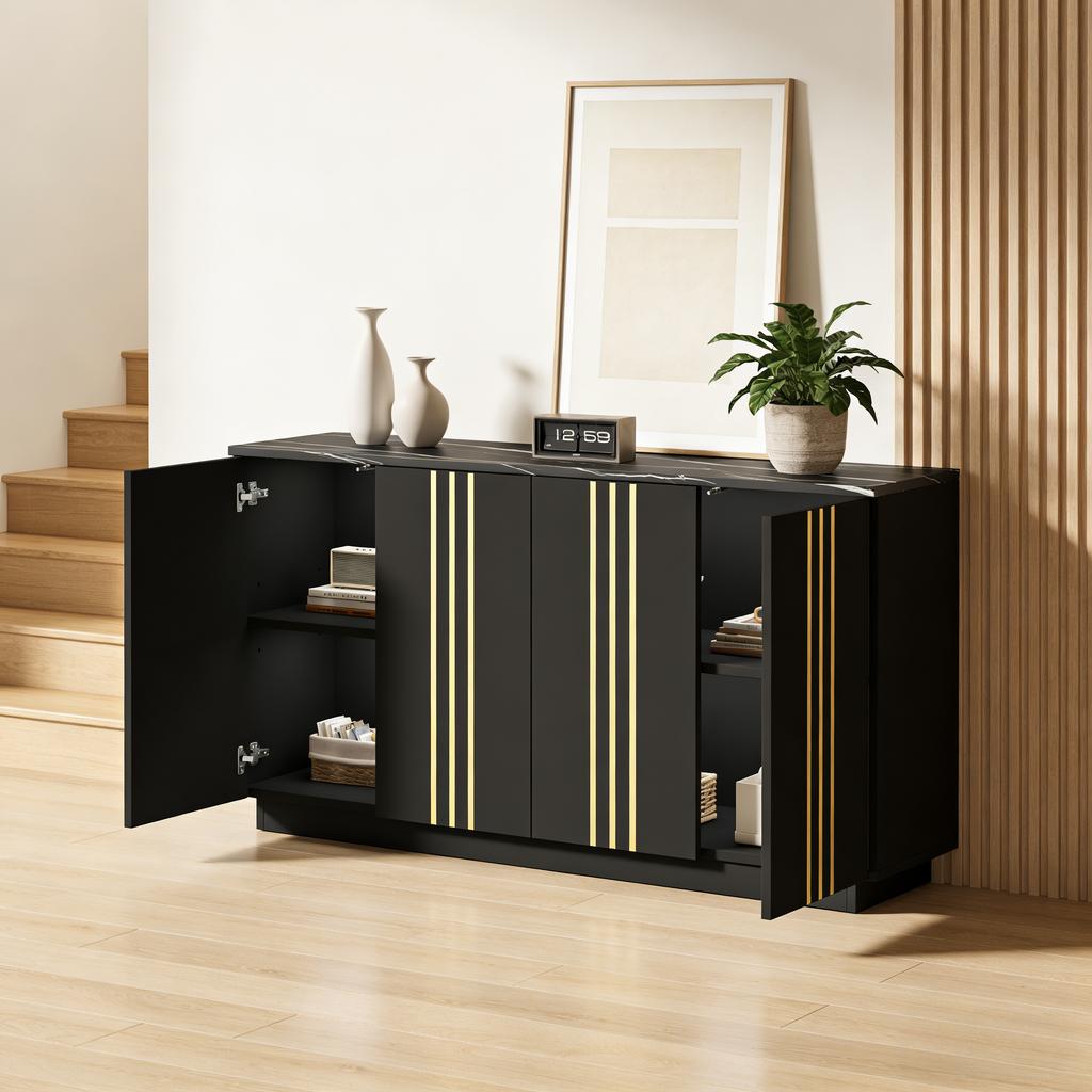 Sideboard, Cabinet with 4 Doors, 35 x 140 x 70 cm, Gilded Lines, Locker with Adjustable Partitions, Suitable for Living Room and Bedroom, Black+Gold