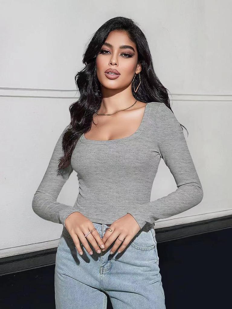 Spring women's tops slim fit short long sleeve square neck T-shirt for hot girls casual and versatile