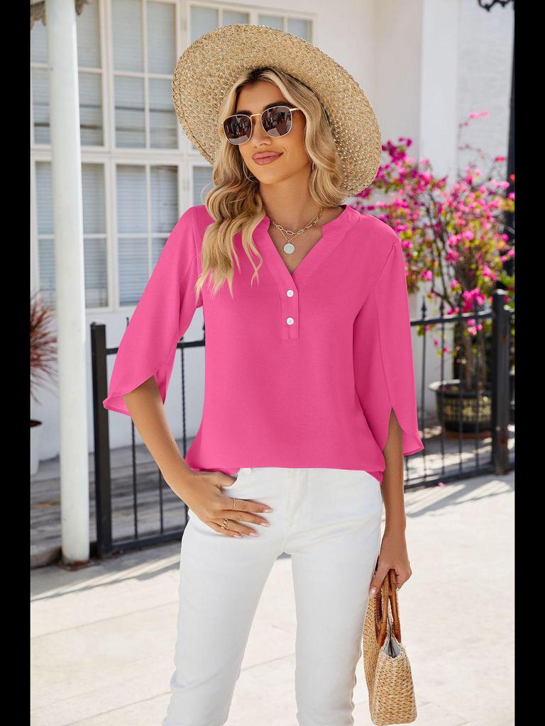 2024 Летний однотонный шифоновый топ с V-образным вырезом и рукавами средней длины для женщин