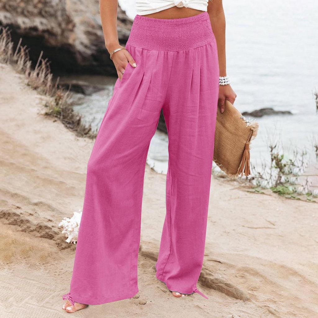 Women's Casual Loose High Waist Cotton Linen Wide Leg Long Pants With Pockets