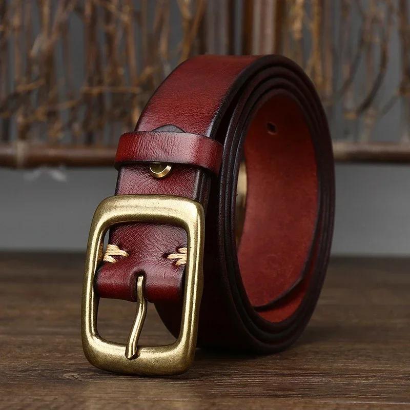 3.3CM Men's Genuine Leather Belt Luxury Designer Brass Pin Buckle Belts Pure Cowskin Vintage Strap Male Jeans for Man Women