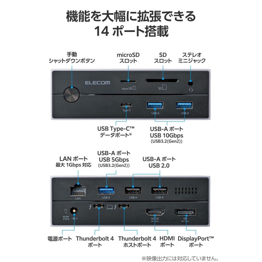 Elecom Док-станция USB-C Hub 14-в-1, совместимая с Thunderbolt4, PD 60 Вт, 3 выхода на экран, порт HDMI, порт дисплея, порт LAN, магнитная подставка в комплекте, вертикальная