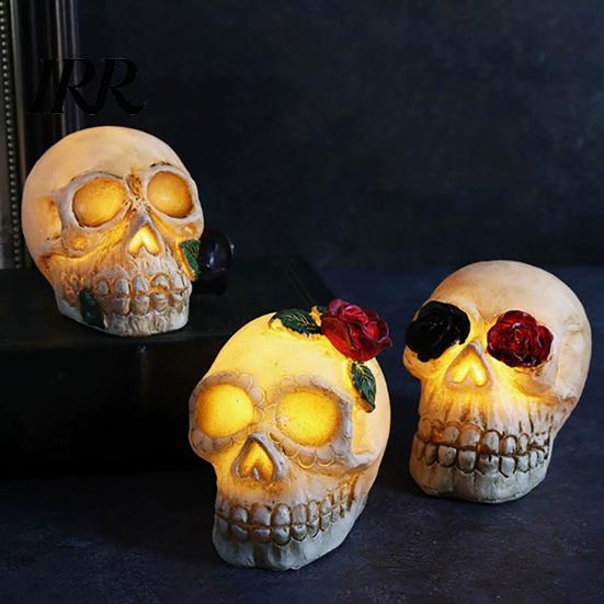 Spooky Skull Lamp Gothic Light Up Rose Flower Figurine, Day of Dead Resin Halloween Decor Statue, Skeleton Head for Desk Home