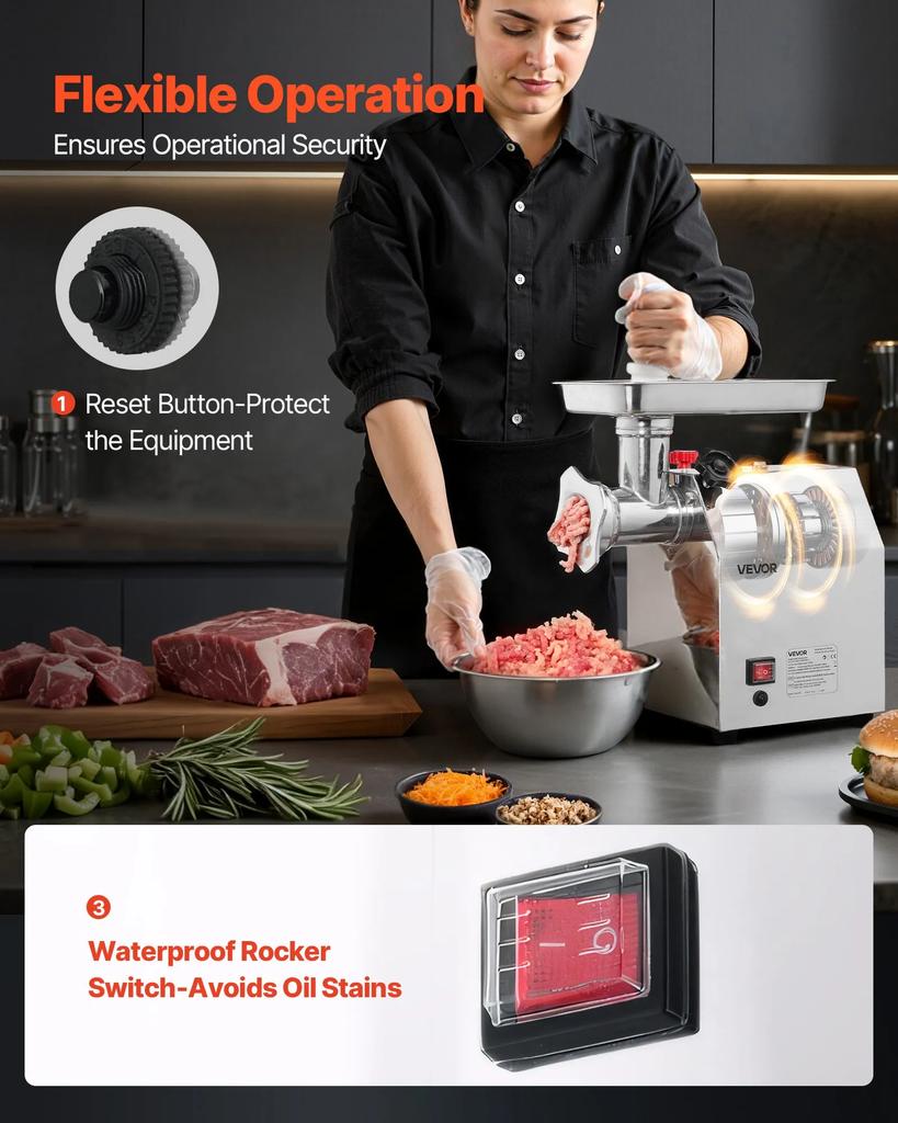 VEVOR Commercial Electric Meat Grinder, 3.2 kg/min Capacity, #12 Industrial Meat Mincer with 2 Stainless Steel Blades, 2 Grinding Plates