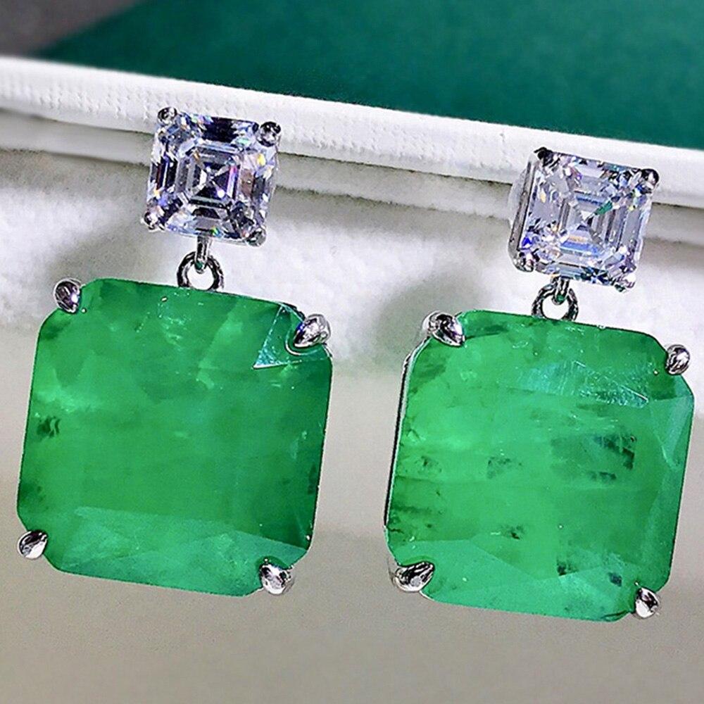 Wong Rain 100% 925 Sterling Silver Emerald Paraiba Asscher Cut High Carbon Diamonds Gemstone Drop Dangle Earrings Fine Jewelry