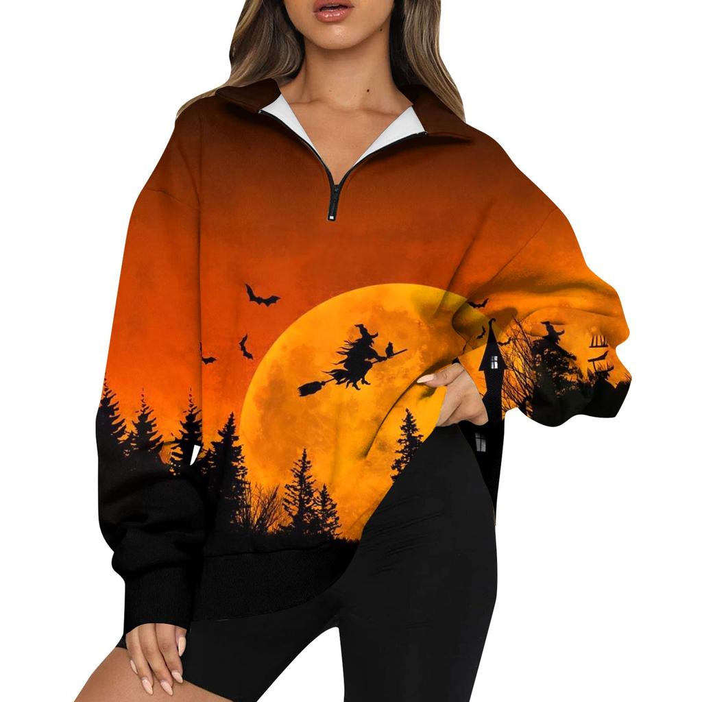 Women's Fashion Casual Long Sleeve Halloween Printed Zipper Turtleneck Drop Shoulder Sweatshirt Top