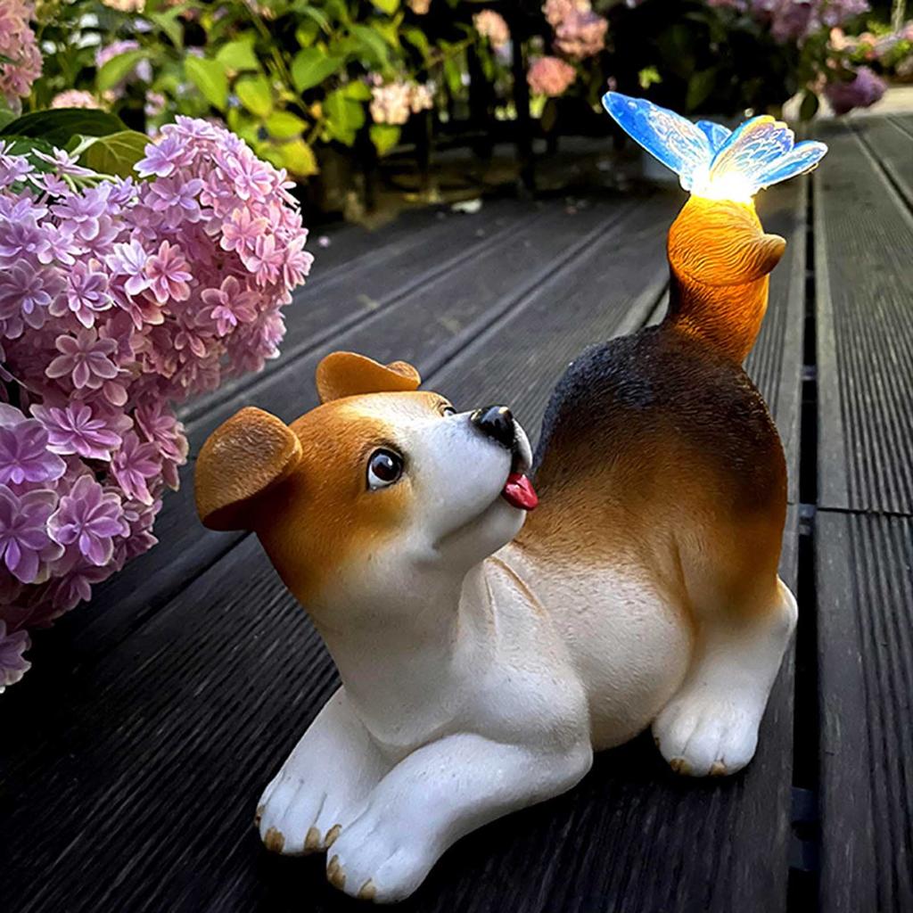 Garden Statue Outdoor Decoration Dog Rabbit with Solar Butterfly Light for Patio Yard Ornaments Resin Animal Figurine