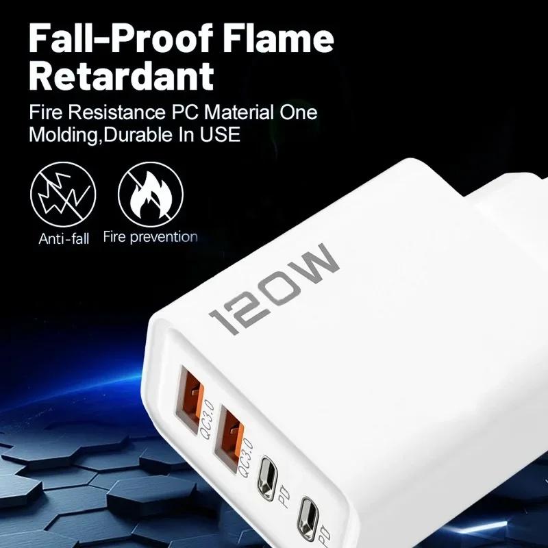 Быстрое зарядное устройство USB Type C 120 Вт, 4 порта, PD Quick Charge 3.0 для Samsung Huawei, EU US UK вилка, адаптер для телефона