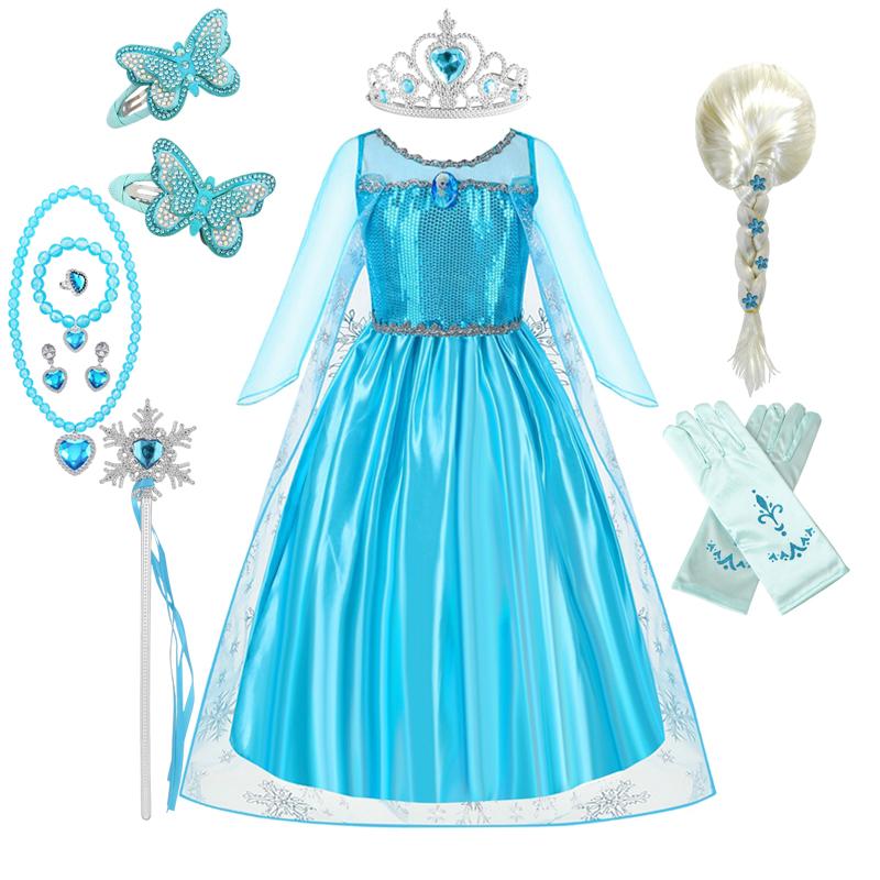 Girl Princess Dresses Long Sleeve Elsa Dress Kids Cosplay Snow Queen Costumes Carnival Birthday Party Gowns