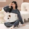 Winter Thickened Warm Flannel Women Pajamas Loungewear Long-Sleeved Two-Piece Cartoon Bear Coral Velvet Girl Sleepwear Homewear