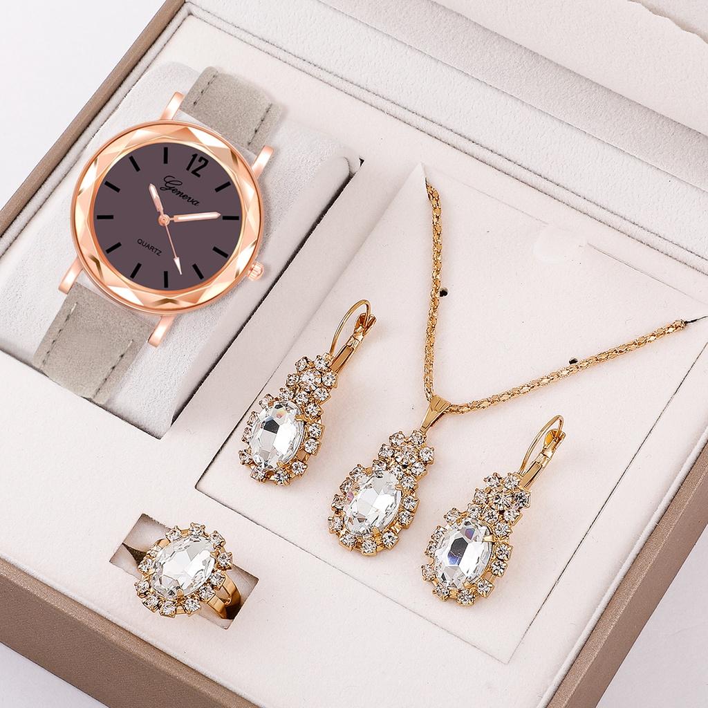 (Women's Watch + Necklace + Ring + Earrings) Women's Watch Set Luxury Leather Strap Quartz Watch