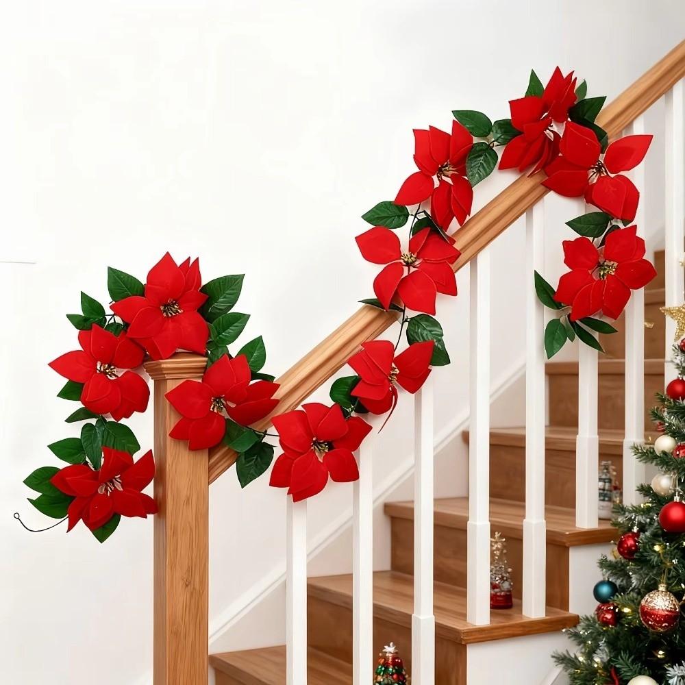 Soft Large Artificial Flowers Red Poinsettia Vine Holiday Christmas Garland Decoration Fireplace