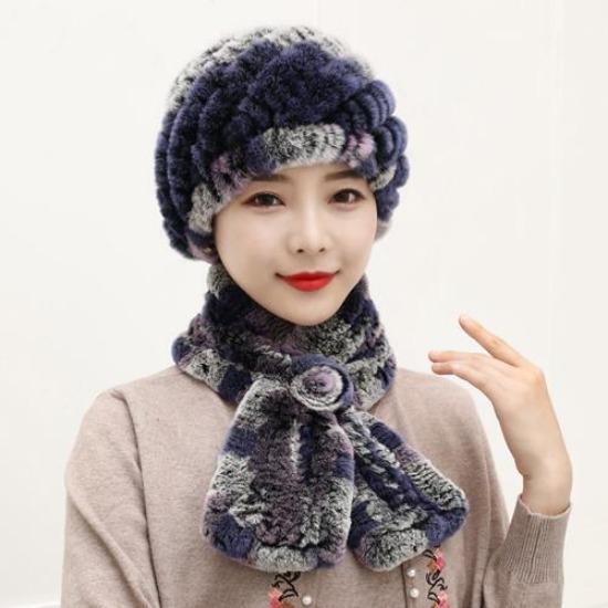 Winter Knitted Natural Fur Hats Scarves Sets Women Warm Real Rex Rabbit Fur Hat Scarf Lady Fashion Thick Rex Rabbit Fur Hat