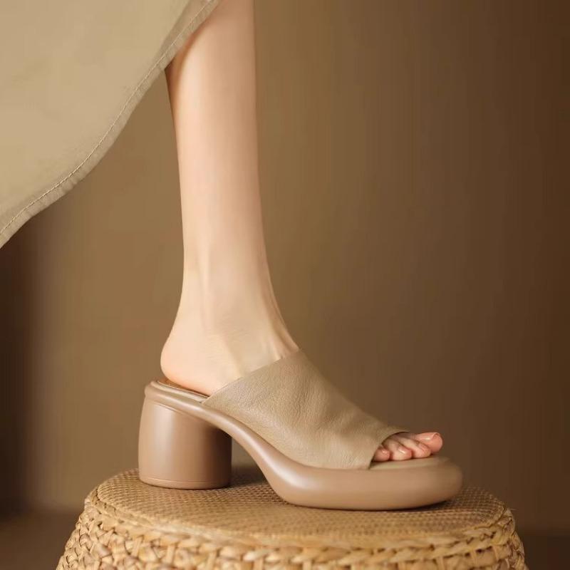 Модные элегантные женские тапочки из мягкой кожи на платформе One Word с широкой полосой 7 см на толстых высоких каблуках в стиле ретро в римском стиле