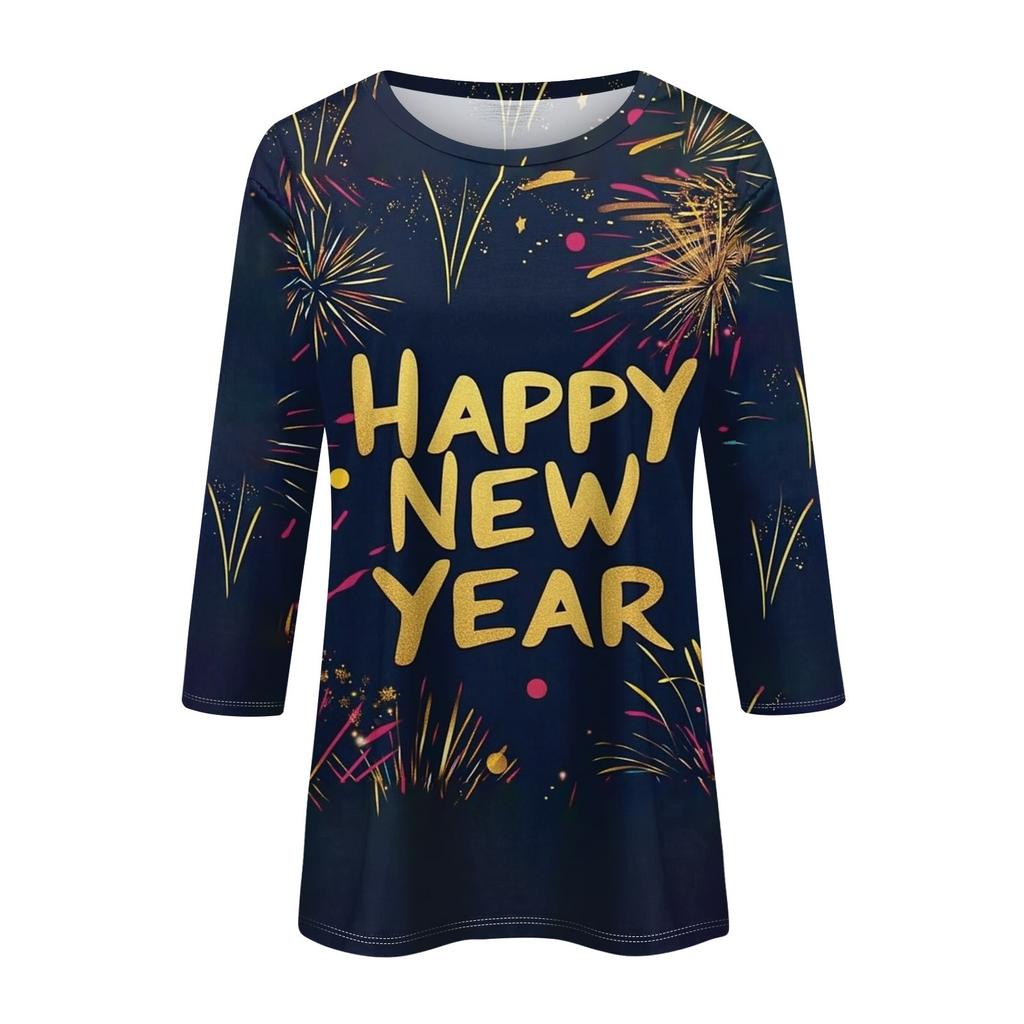 Женская мода повседневная новогодняя принтованная круглая горловина с рукавом три четверти топ Новый год 2025