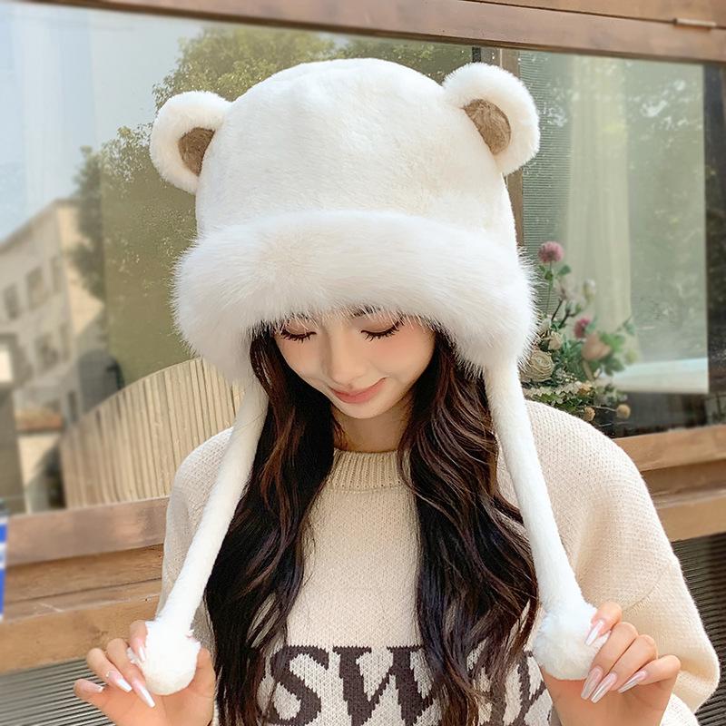 Cute Bear Warm Hat Female Lei Feng Cap Autumn And Winter New Outdoor Hundred Riding Cap Plush Ear Protection Hood