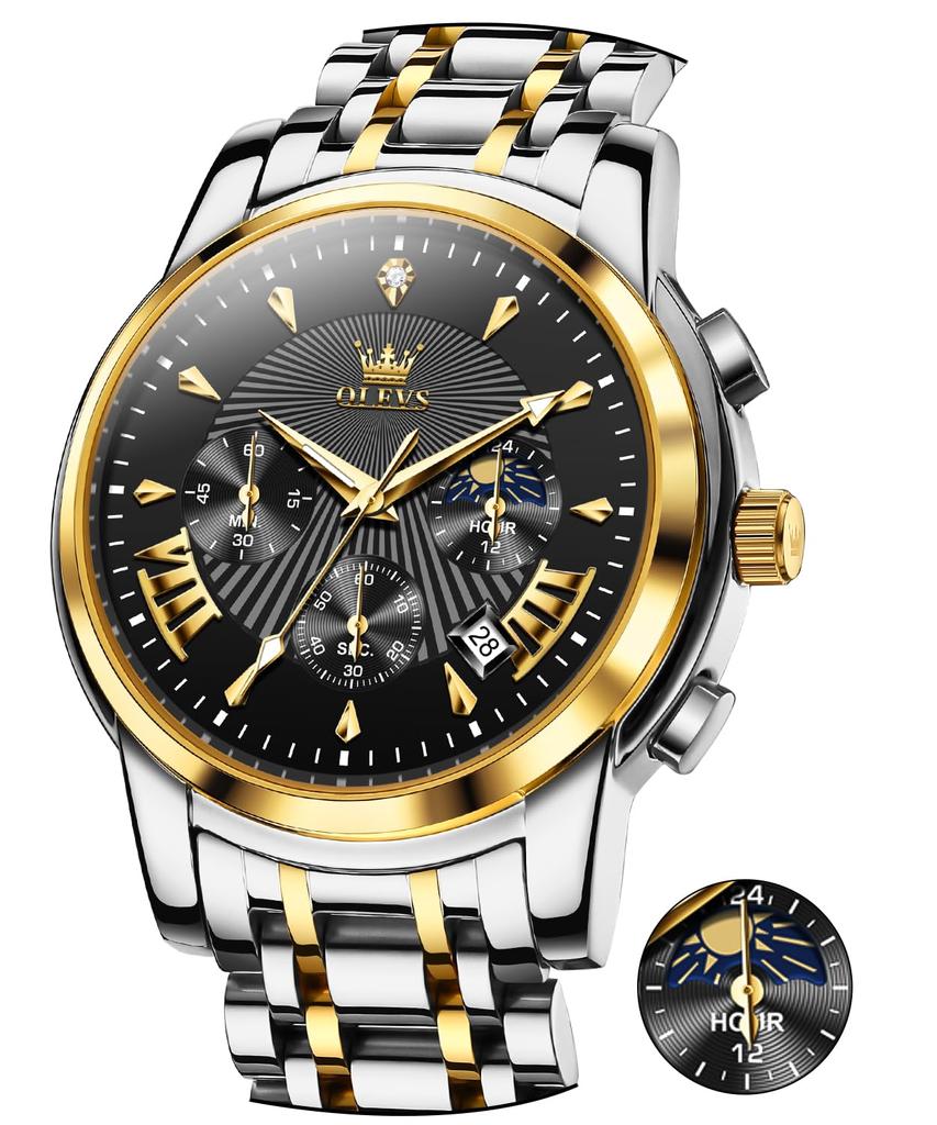 OLEVS Men's Watch, Popular and Stylish, Business Brand, Waterproof Quartz Movement, Luxury Gentleman's Watch, Slim, Stainless Steel Band, Black, Gift