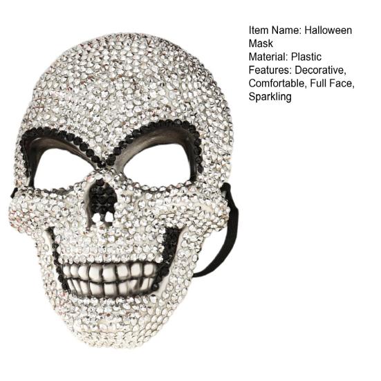 Sparkling Skeleton Face Mask Rhinestones Halloween Mask, 3D Skull Comfortable Full Glittering Piece for Adult Cosplay Parties & Haunted House