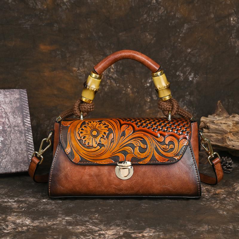 Johnature Women Bag Retro Leather Carving Craft Ladies Handbag Versatile Large Capacity Shoulder & Crossbody Bags