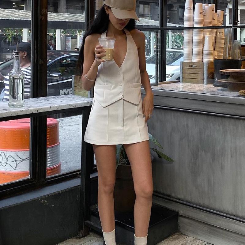 Y2K Sexy Elegant 2 Piece Set for Women Office Lady A Line Mini Skirt Halter Neck Waistcoat Top Matching Sets Elegant