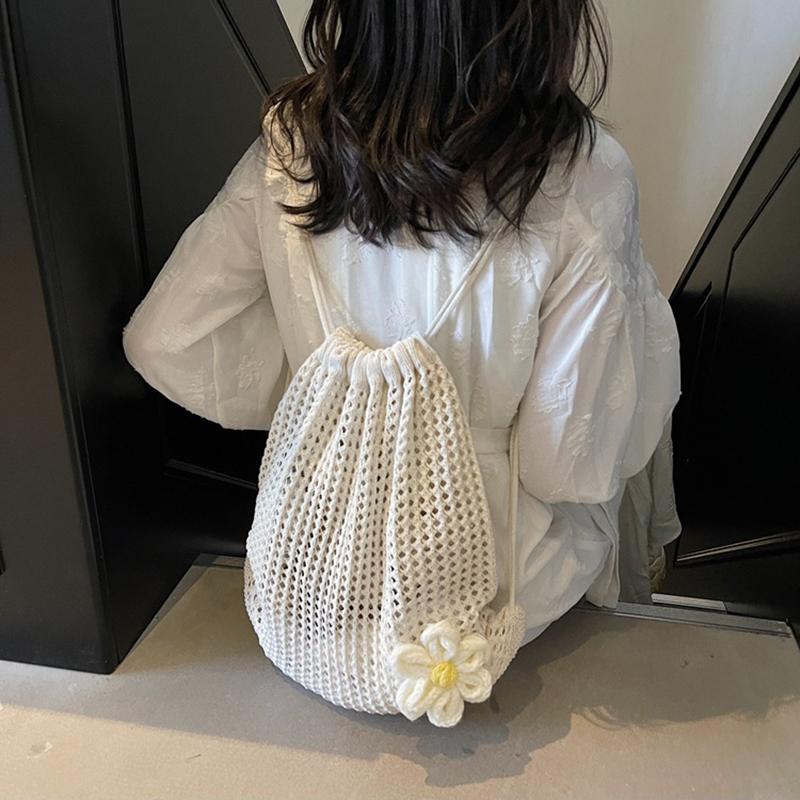 Yogodlns Модная однотонная вязаная крючком сумка на плечо с цветочным декором, плетеная женская пляжная праздничная сумка-ведро с выемкой, большая вместимость, рюкзак