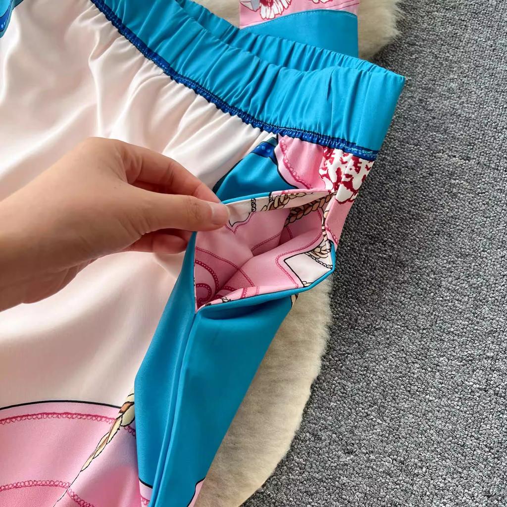 Spring Autumn Runway Designer Chain Flower Print Two Piece Set Women Long Sleeve Shirt Top And Elastic Waist Wide Leg Pant Suit