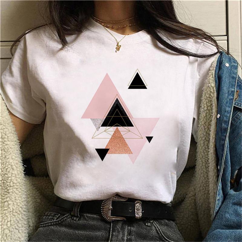 Women Beautiful Geometry Black Funny Print T Shirt Girl Cute Short Sleeve Harajuku 90S Clothes Drop