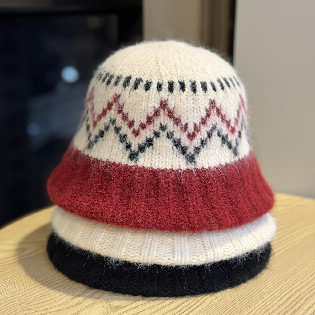Вязаная шапка-рыбачка Женская зимняя теплая шапка в стиле Fair Isle в корейском стиле с защитой ушей Шерстяная шапка для большого обхвата головы и маленького лица