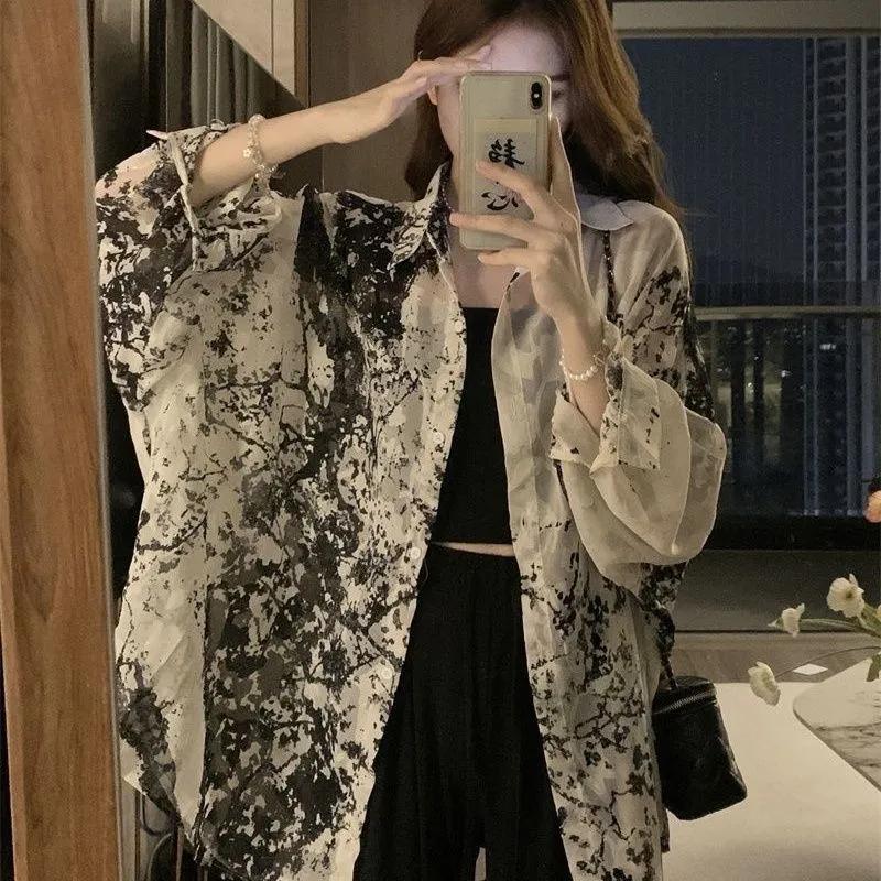 Летние женские рубашки с длинным рукавом Свободные с tie-dye Готический стритвир Универсальные повседневные топы Блузки для студентов Винтажные весенние
