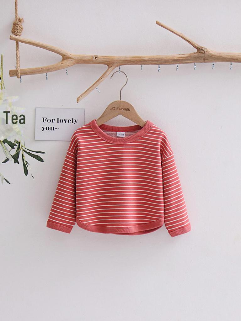 Детская одежда весна/осень 2024: Футболка для мальчиков и полосатый свитер для девочек, свободный крой, длинный рукав