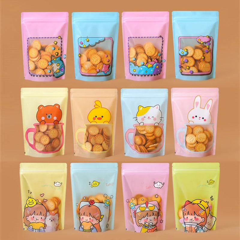 50pcs Cute Cartoon Translucent Viewing Window Plastic Packaging Bag Thicken Biscuit Snack Candy Storage Self-proclaimed Gift Bags