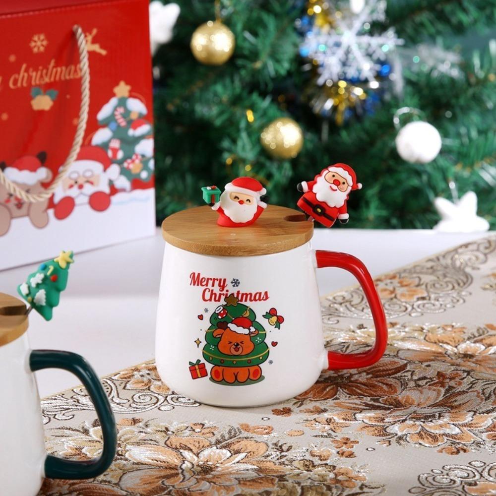 New Merry Christmas Mug Gift Box Ceramic Red Green Cup Spoon Set Party Accessories Wooden Lids Coffee Cup Teaspoon Home Use