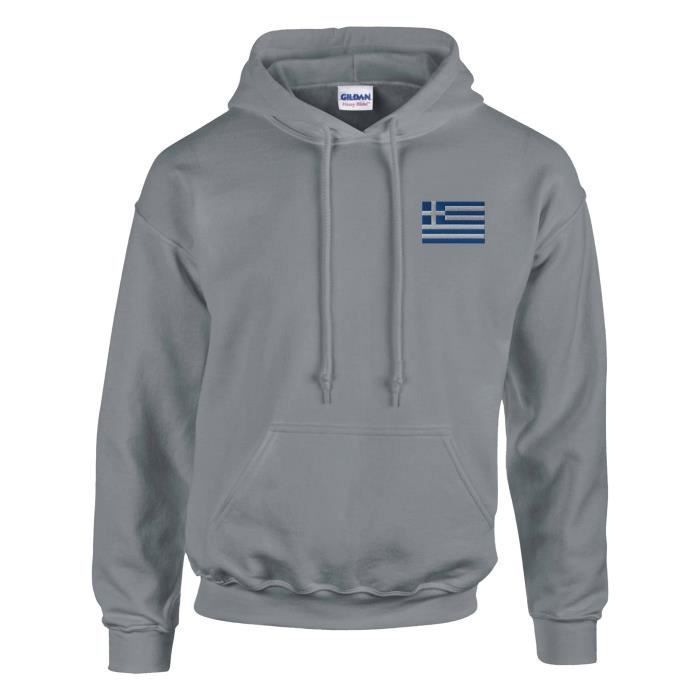 Sweat à capuche - PIXELFORMA - Grèce - Drapeau brodé - Confortable - Résistant - Gris